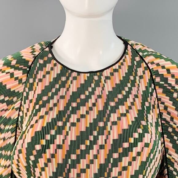 TORY BURCH Size 2 Green Pink Yellow Polyester Geometric Pleated Blouse - Picture 2 of 8